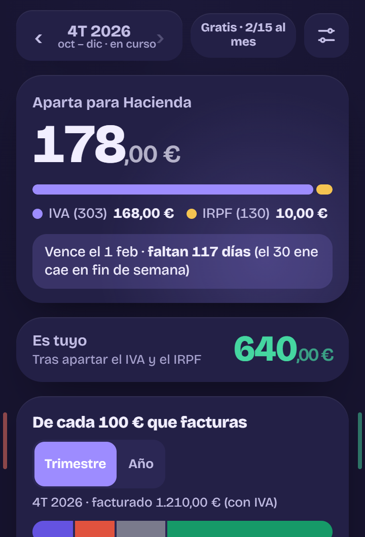 Pantalla principal de la app: cuánto apartar para Hacienda (IVA e IRPF), cuánto es tuyo, gastos e ingresos del trimestre